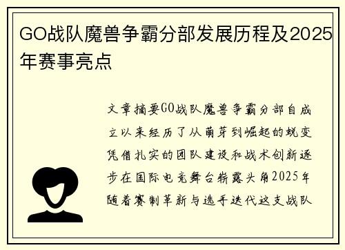 GO战队魔兽争霸分部发展历程及2025年赛事亮点